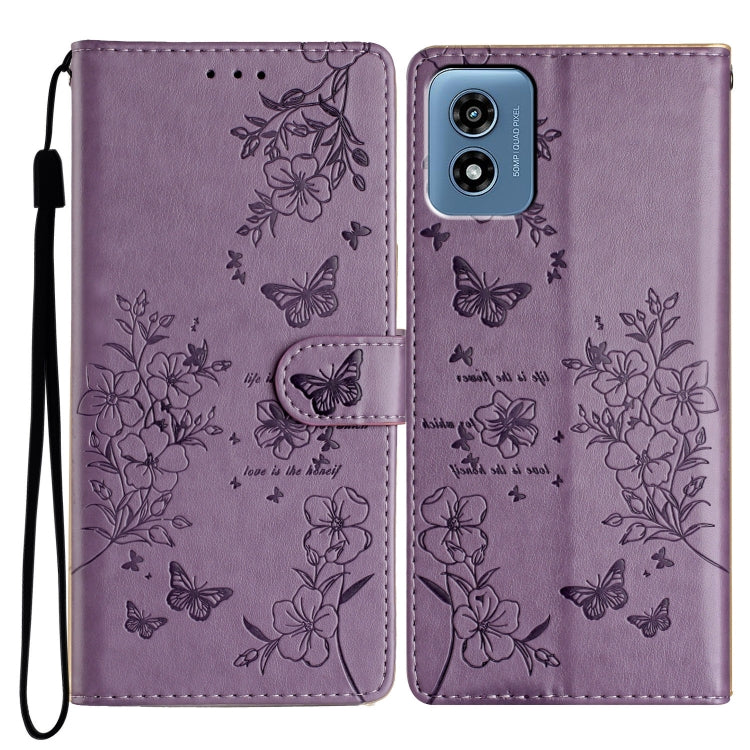 For Motorola Moto G Play 5G 2024 Butterflies and Flowers Leather Phone Case(Purple) - Motorola Cases by buy2fix | Online Shopping UK | buy2fix