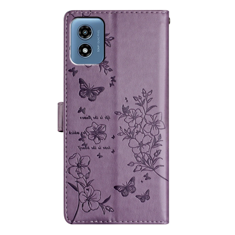 For Motorola Moto G Play 5G 2024 Butterflies and Flowers Leather Phone Case(Purple) - Motorola Cases by buy2fix | Online Shopping UK | buy2fix