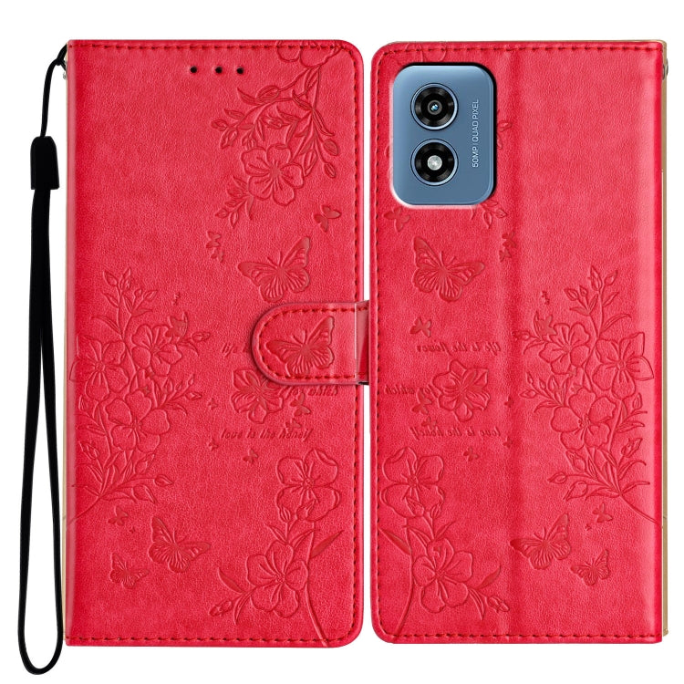 For Motorola Moto G Play 2024 Butterflies and Flowers Leather Phone Case(Red) - Motorola Cases by buy2fix | Online Shopping UK | buy2fix