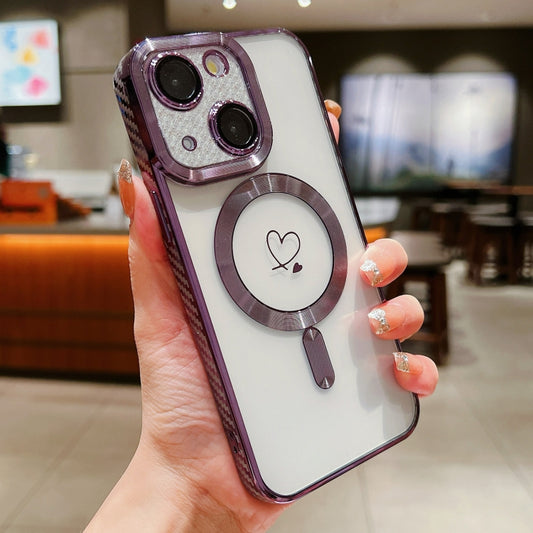 For iPhone 14 Plus Loves Carbon Fiber Clear Plated Magsafe TPU Phone Case(Purple) - iPhone 14 Plus Cases by buy2fix | Online Shopping UK | buy2fix