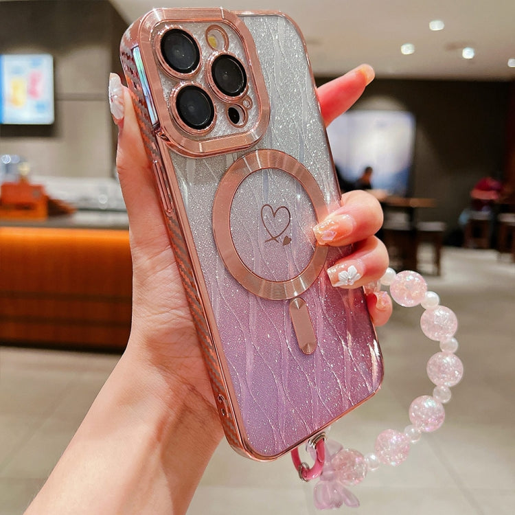 For iPhone 16 Pro Max Loves Leaves Gradient Glitter Bracelets Carbon Fiber Magsafe TPU Phone Case(Pink) - iPhone 16 Pro Max Cases by buy2fix | Online Shopping UK | buy2fix