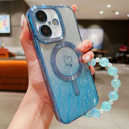 For iPhone 16 Loves Leaves Gradient Glitter Bracelets Carbon Fiber Magsafe TPU Phone Case(Blue) - iPhone 16 Cases by buy2fix | Online Shopping UK | buy2fix