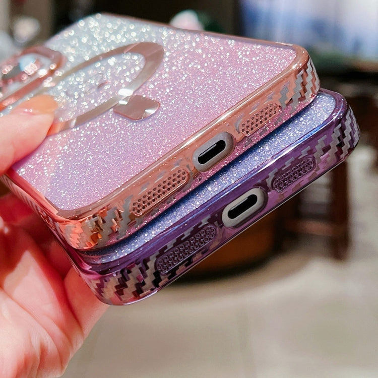 For iPhone 14 Loves Gradient Glitter Carbon Fiber Magsafe TPU Phone Case(Purple) - iPhone 14 Cases by buy2fix | Online Shopping UK | buy2fix