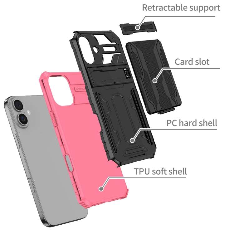 For iPhone 16 Plus Kickstand Armor Card Wallet Phone Case(Pink) - iPhone 16 Plus Cases by buy2fix | Online Shopping UK | buy2fix