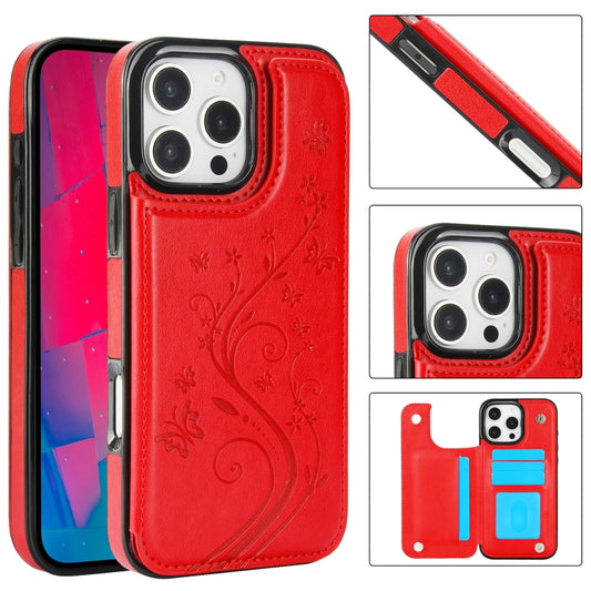 For iPhone 16 Pro Double Buckle Butterfly Embossing PU Phone Case(Red) - iPhone 16 Pro Cases by buy2fix | Online Shopping UK | buy2fix