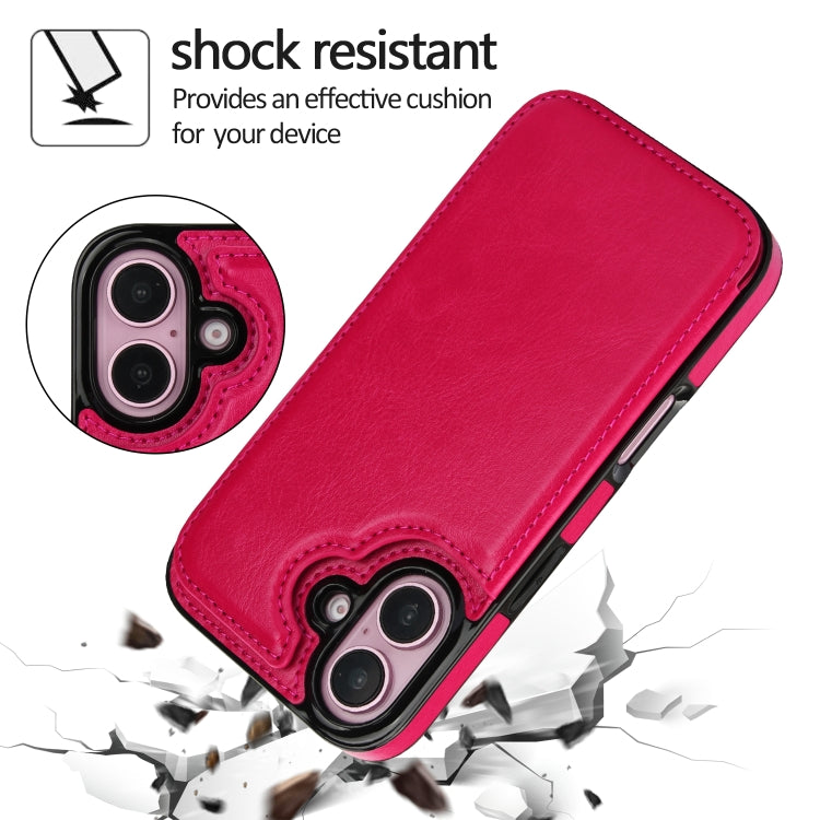 For iPhone 16 Double Buckle Crazy Horse Texture PU Phone Case(Rose Red) - iPhone 16 Cases by buy2fix | Online Shopping UK | buy2fix