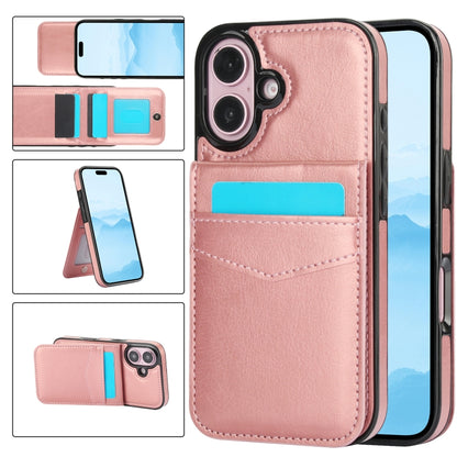 For iPhone 16 Solid Color Card Slots Bracket PU Phone Case(Rose Gold) - iPhone 16 Cases by buy2fix | Online Shopping UK | buy2fix