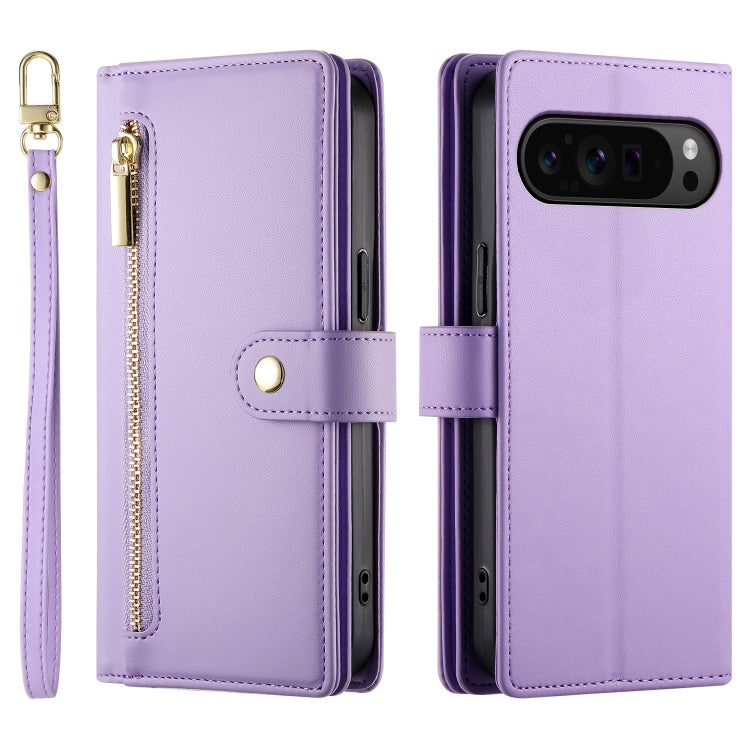 For Google Pixel 9 Pro XL Nine Card-slot Zipper Wallet Bag Leather Phone Case(Purple) - Google Cases by buy2fix | Online Shopping UK | buy2fix