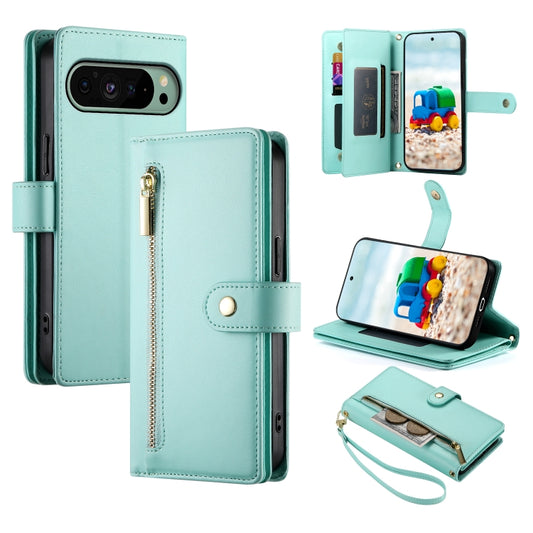 For Google Pixel 9 / 9 Pro Nine Card-slot Zipper Wallet Bag Leather Phone Case(Mint Green) - Google Cases by buy2fix | Online Shopping UK | buy2fix