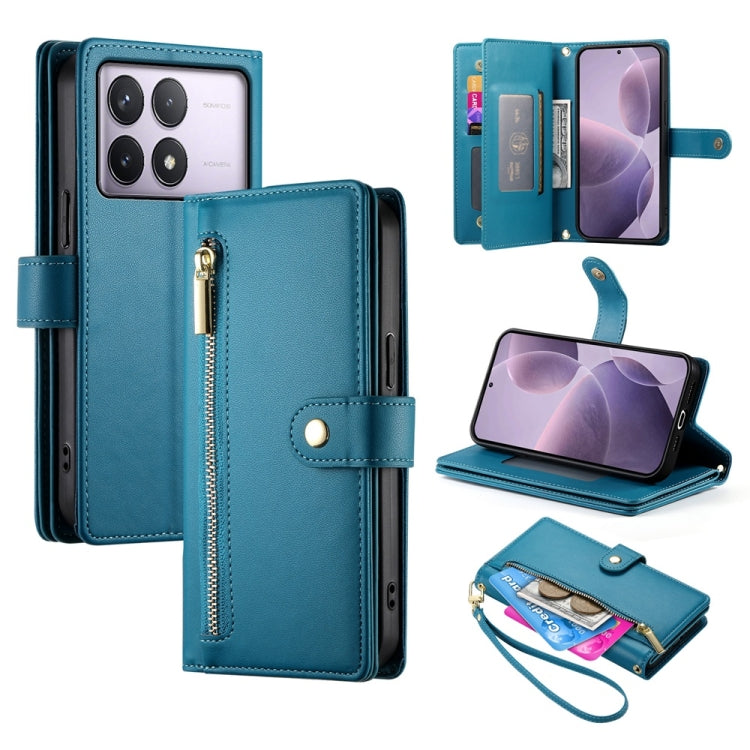 For Redmi K70 Nine Card-slot Zipper Wallet Bag Leather Phone Case(Blue) - K70 Cases by buy2fix | Online Shopping UK | buy2fix