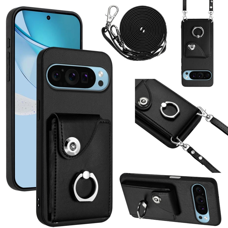 For Google Pixel 9 Pro XL Organ Card Bag Ring Holder Phone Case with Long Lanyard(Black) - Google Cases by buy2fix | Online Shopping UK | buy2fix