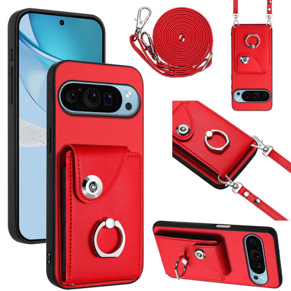 For Google Pixel 9 Pro XL Organ Card Bag Ring Holder Phone Case with Long Lanyard(Red) - Google Cases by buy2fix | Online Shopping UK | buy2fix