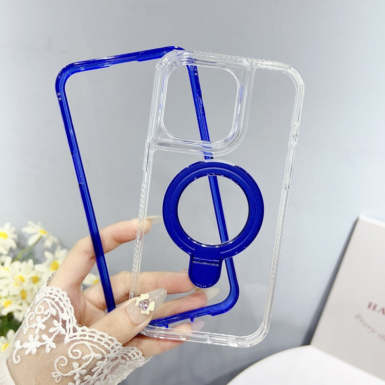 For iPhone 14 Translucent 3 in 1 Holder MagSafe Phone Case(Dark Blue) - iPhone 14 Cases by buy2fix | Online Shopping UK | buy2fix