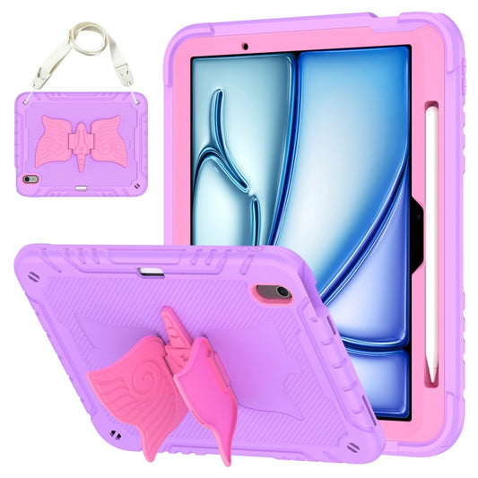 For iPad Air 11 2024 Kickstand PC Hybrid Silicone Tablet Case with Strap(Purple Rose Red) - iPad Air 11 2024 Cases by buy2fix | Online Shopping UK | buy2fix