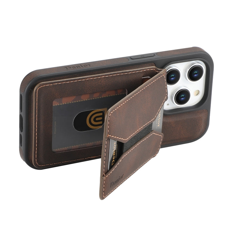 For iPhone 12 Pro Max Denior D18 Skin Feel Rotating Holder MagSafe Detachable Card Slot Phone Case(Brown) - iPhone 12 Pro Max Cases by Denior | Online Shopping UK | buy2fix