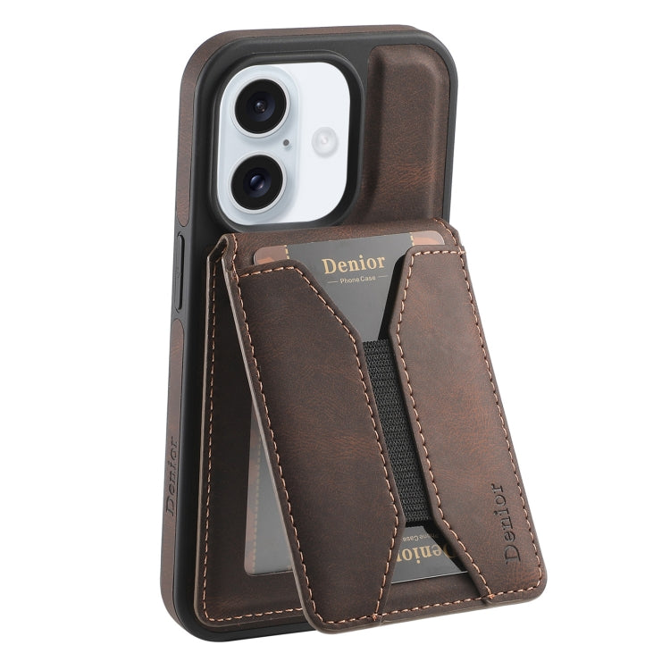 For iPhone 16 Plus Denior D18 Skin Feel Rotating Holder MagSafe Detachable Card Slot Phone Case(Brown) - iPhone 16 Plus Cases by Denior | Online Shopping UK | buy2fix