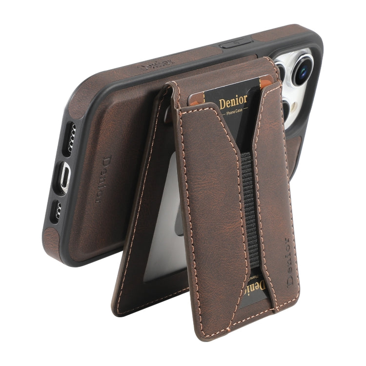 For iPhone 16 Plus Denior D18 Skin Feel Rotating Holder MagSafe Detachable Card Slot Phone Case(Brown) - iPhone 16 Plus Cases by Denior | Online Shopping UK | buy2fix