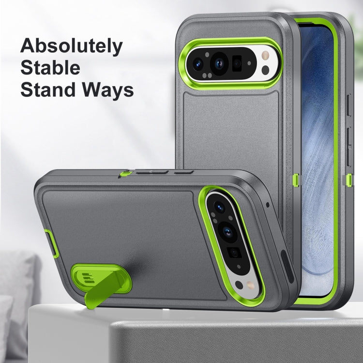 For Google Pixel 9 Pro Rugged PC + Silicone Phone Case with Holder(Grey+Fresh Green) - Google Cases by buy2fix | Online Shopping UK | buy2fix