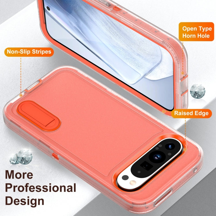 For Google Pixel 9 Pro Rugged PC + Silicone Phone Case with Holder(Transparent+Orange) - Google Cases by buy2fix | Online Shopping UK | buy2fix