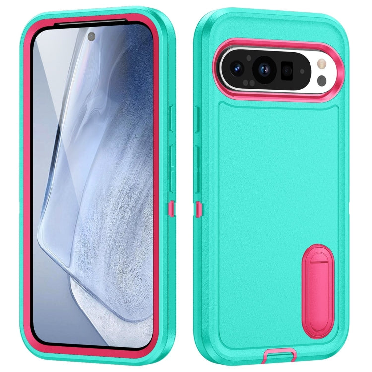 For Google Pixel 9 Rugged PC + Silicone Phone Case with Holder(Light Green+Rose Red) - Google Cases by buy2fix | Online Shopping UK | buy2fix