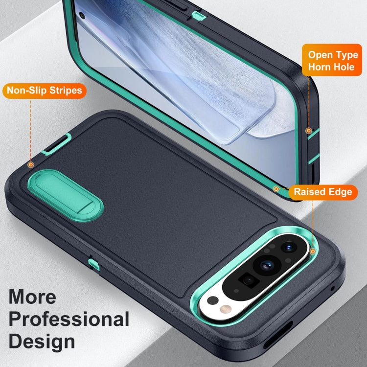 For Google Pixel 9 Rugged PC + Silicone Phone Case with Holder(Dark Blue+Light Green) - Google Cases by buy2fix | Online Shopping UK | buy2fix