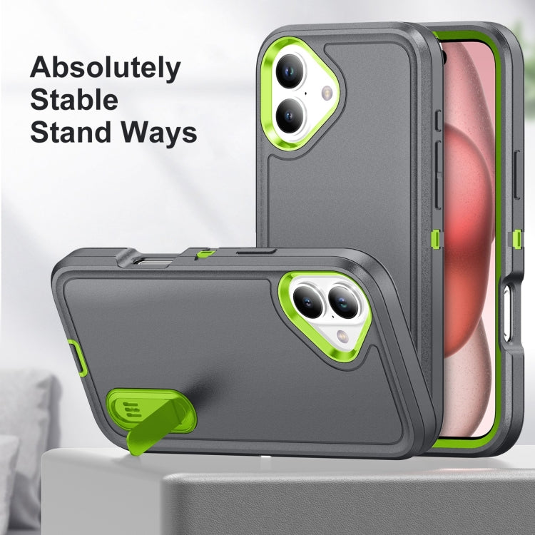 For iPhone 16 Plus Rugged PC + Silicone Phone Case with Holder(Grey+Fresh Green) - iPhone 16 Plus Cases by buy2fix | Online Shopping UK | buy2fix