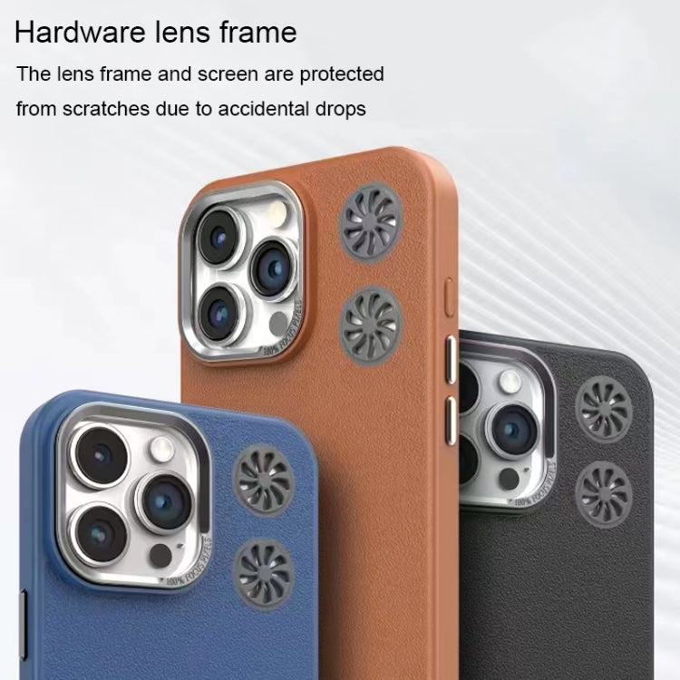 For iPhone 16 Plus Leather Textured Fan Hollow Cooling MagSafe Magnetic Phone Case(Blue) - iPhone 16 Plus Cases by buy2fix | Online Shopping UK | buy2fix