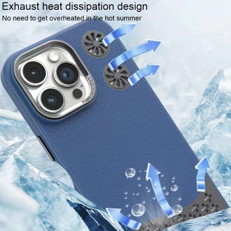 For iPhone 16 Plus Leather Textured Fan Hollow Cooling MagSafe Magnetic Phone Case(Blue) - iPhone 16 Plus Cases by buy2fix | Online Shopping UK | buy2fix