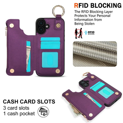 For iPhone 16 Plus RFlD Anti-theft Double Buckle Ring Zipper Card Phone Case(Dark Purple) - iPhone 16 Plus Cases by buy2fix | Online Shopping UK | buy2fix