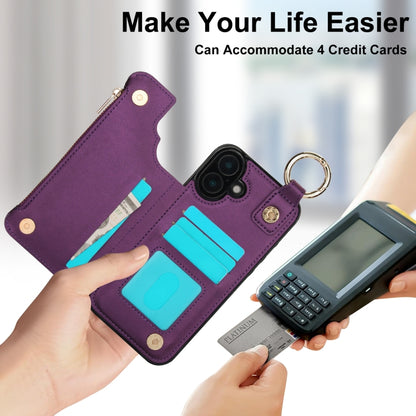 For iPhone 16 Plus RFlD Anti-theft Double Buckle Ring Zipper Card Phone Case(Dark Purple) - iPhone 16 Plus Cases by buy2fix | Online Shopping UK | buy2fix