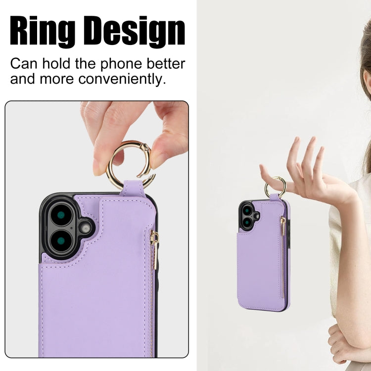 For iPhone 16 RFlD Anti-theft Double Buckle Ring Zipper Card Phone Case(Purple) - iPhone 16 Cases by buy2fix | Online Shopping UK | buy2fix