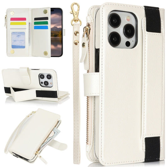 For iPhone 16 Pro Wristband Holder Zipper Purse RFID Leather Phone Case(White) - iPhone 16 Pro Cases by buy2fix | Online Shopping UK | buy2fix