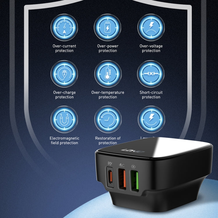 LDNIO Q334 32W Type-C + Dual USB Port Charger with 1m USB-C / Type-C to USB-C / Type-C Data Cable, Plug Type:US Plug(Black) - USB Charger by LDNIO | Online Shopping UK | buy2fix