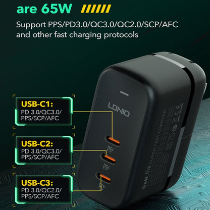 LDNIO Q367 65W GaN 3 x USB-C / Type-C Interface Charger with 1m USB-C / Type-C to USB-C / Type-C Data Cable, Plug Type:UK Plug(Black) - USB Charger by LDNIO | Online Shopping UK | buy2fix