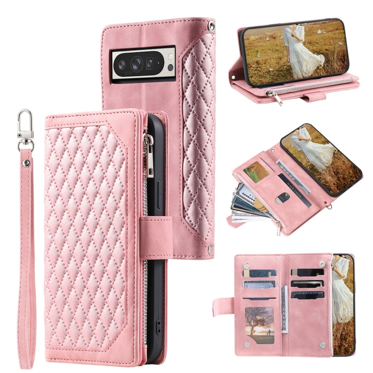 For Google Pixel 9 Pro XL Grid Texture Zipper Leather Phone Case with Lanyard(Rose Gold) - Google Cases by buy2fix | Online Shopping UK | buy2fix