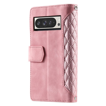 For Google Pixel 9 Pro XL Grid Texture Zipper Leather Phone Case with Lanyard(Rose Gold) - Google Cases by buy2fix | Online Shopping UK | buy2fix