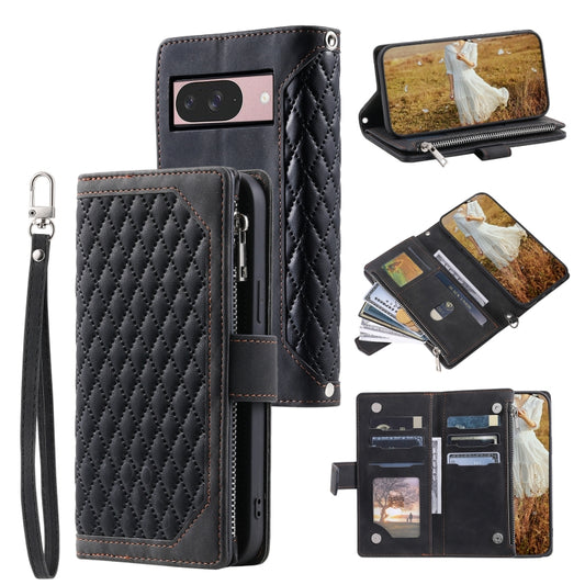 For Google Pixel 9 / 9 Pro Grid Texture Zipper Leather Phone Case with Lanyard(Black) - Google Cases by buy2fix | Online Shopping UK | buy2fix