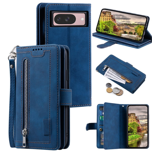 For Google Pixel 9 / 9 Pro Zipper Wallet Bag Horizontal Flip PU Phone Case with 9 Card Slots(Blue) - Google Cases by buy2fix | Online Shopping UK | buy2fix