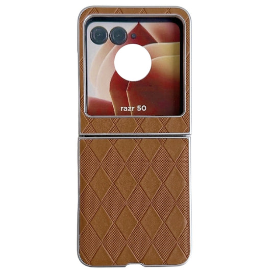 For Motorola Razr 50 Ultra Pearlescent Paint Diamond Shaped Checkered Leather Phone Case(Brown) - Motorola Cases by buy2fix | Online Shopping UK | buy2fix