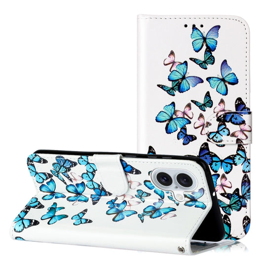 For iPhone 16 Colored Drawing Marble Pattern Leather Phone Case(Little Blue Butterflies) - iPhone 16 Cases by buy2fix | Online Shopping UK | buy2fix