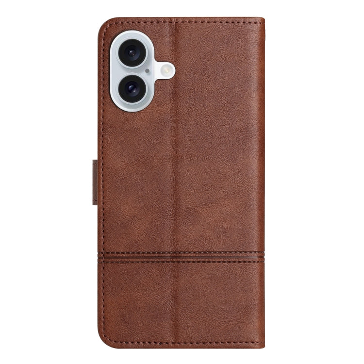 For iPhone 16 Cowhide Texture Stitching Leather Phone Case(Coffee) - iPhone 16 Cases by buy2fix | Online Shopping UK | buy2fix