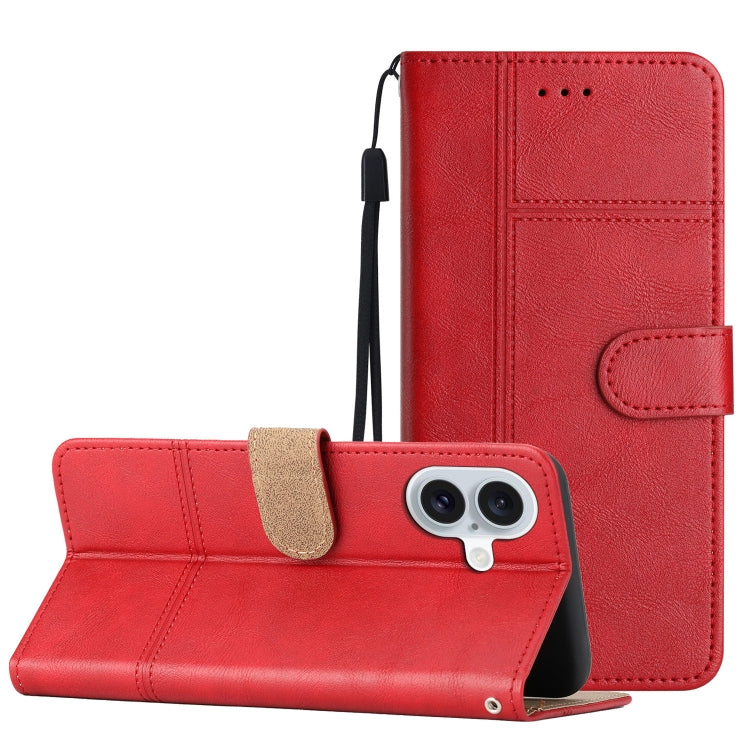 For iPhone 16 Cowhide Texture Stitching Leather Phone Case(Red) - iPhone 16 Cases by buy2fix | Online Shopping UK | buy2fix