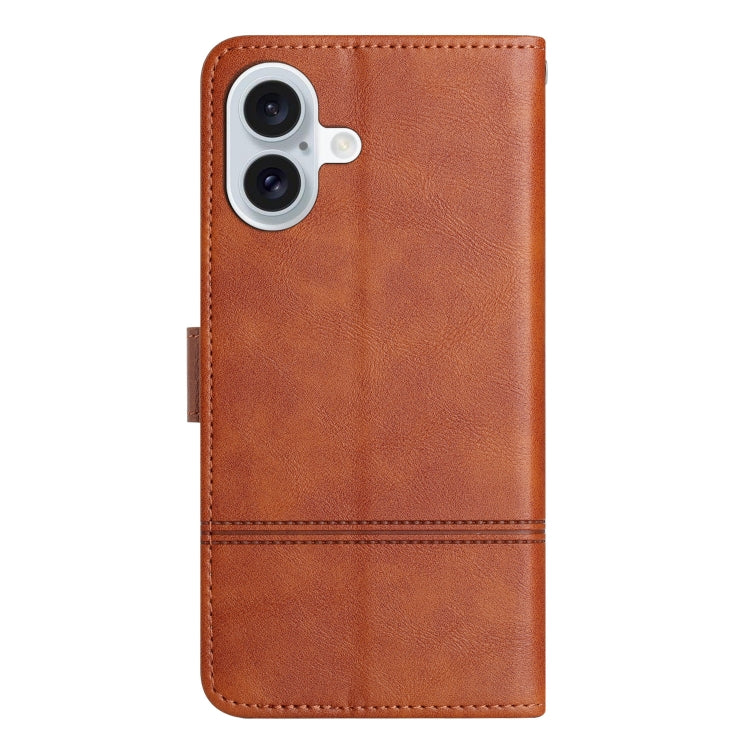 For iPhone 16 Cowhide Texture Stitching Leather Phone Case(Brown) - iPhone 16 Cases by buy2fix | Online Shopping UK | buy2fix