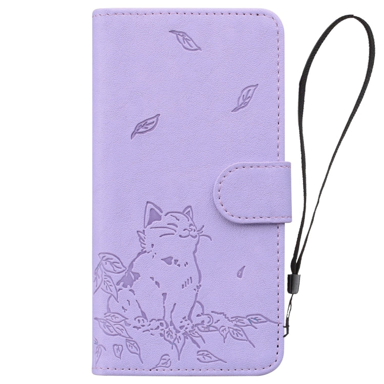 For Google Pixel 9 Pro XL Cute Cat Embossed Leather Phone Case(Purple) - Google Cases by buy2fix | Online Shopping UK | buy2fix