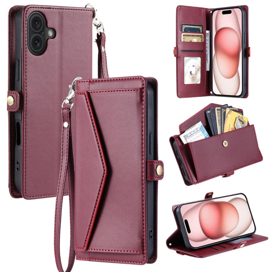 For iPhone 16 Wallet Multi-card Slot Leather Phone Case with Lanyard(Wine Red) - iPhone 16 Cases by buy2fix | Online Shopping UK | buy2fix