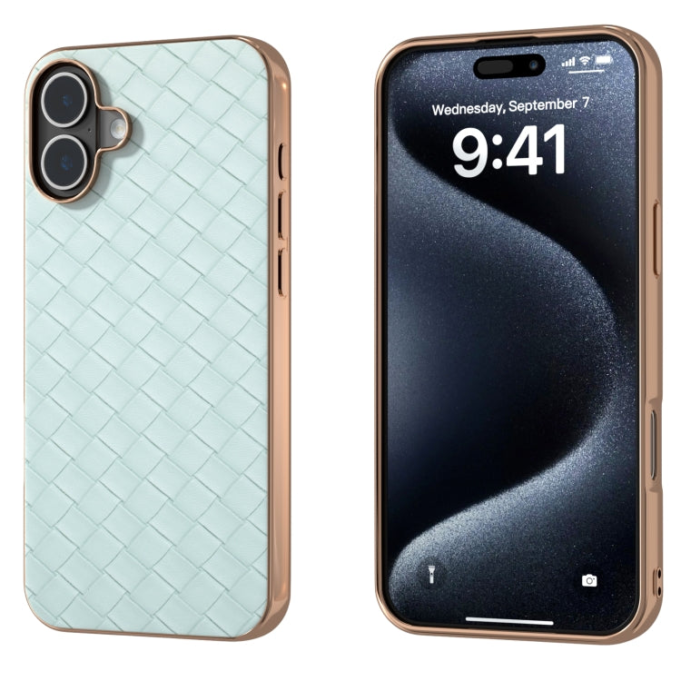 For iPhone 16 Plus Electroplated Frame Woven Texture PU Phone Case(Light Green) - iPhone 16 Plus Cases by buy2fix | Online Shopping UK | buy2fix