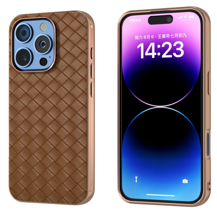 For iPhone 16 Pro Electroplated Frame Woven Texture PU Phone Case(Brown) - iPhone 16 Pro Cases by buy2fix | Online Shopping UK | buy2fix