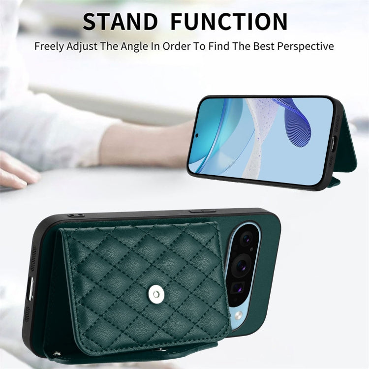 For Google Pixel 9 Pro XL Rhombic Texture Card Bag RFID Phone Case with Long Lanyard(Green) - Google Cases by buy2fix | Online Shopping UK | buy2fix