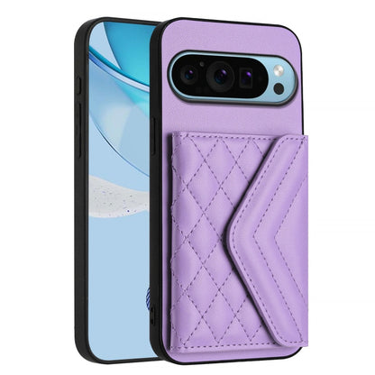 For Google Pixel 9 Pro XL Rhombic Texture Card Bag RFID Phone Case with Long Lanyard(Light Purple) - Google Cases by buy2fix | Online Shopping UK | buy2fix