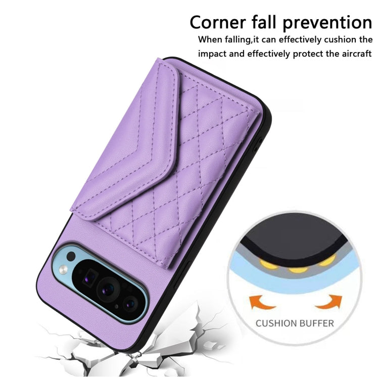 For Google Pixel 9 Pro XL Rhombic Texture Card Bag RFID Phone Case with Long Lanyard(Light Purple) - Google Cases by buy2fix | Online Shopping UK | buy2fix